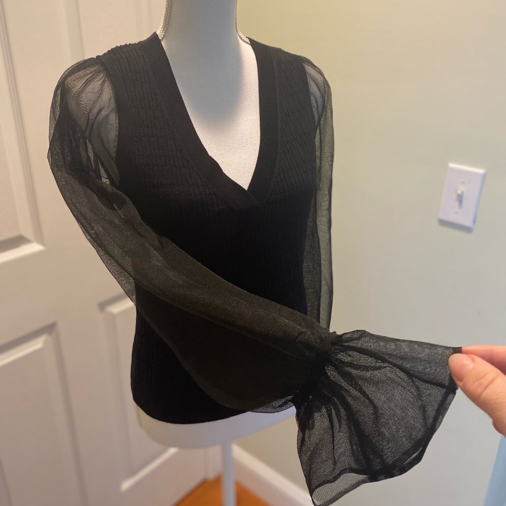 New Anthropologie Maeve Sheer-Sleeve Sweater size M BLACK - Picture 7 of 12
